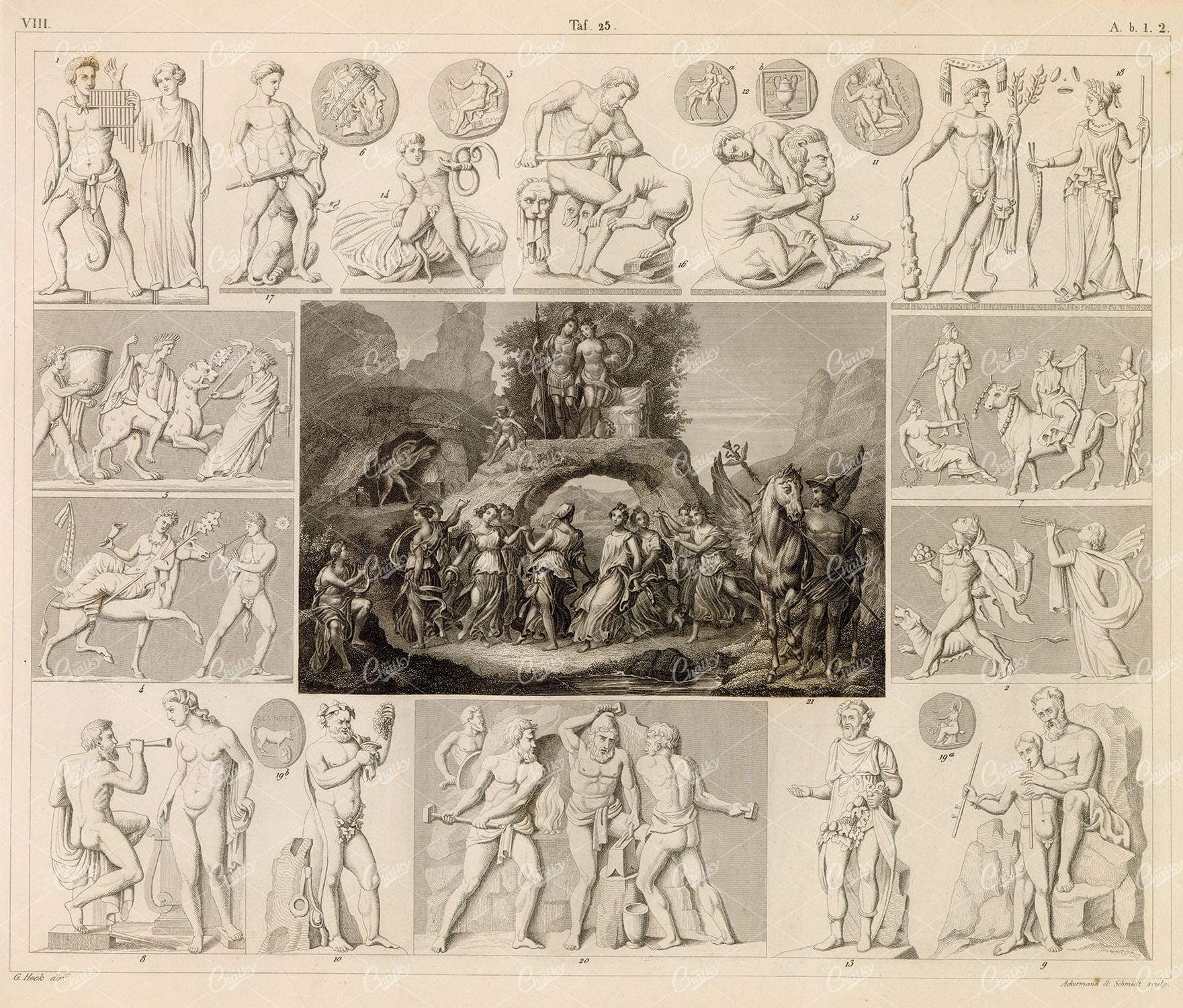 GODS and Godesses - Antique 1851 Original Engraving by Johann Heck