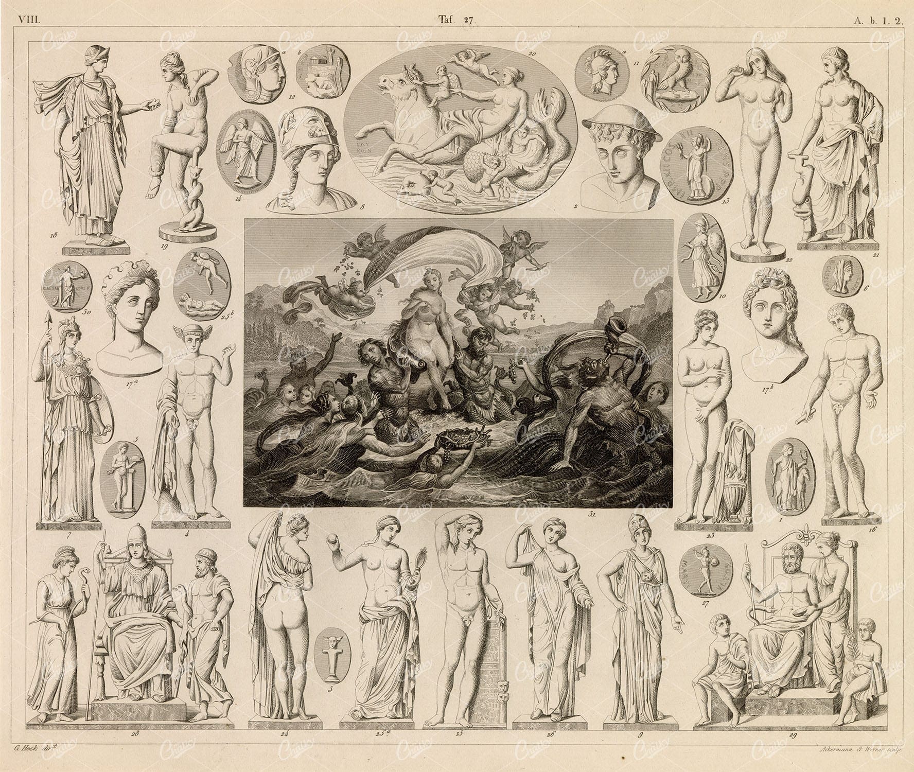 GODS and Godesses - Antique 1851 Original Engraving by Johann Heck