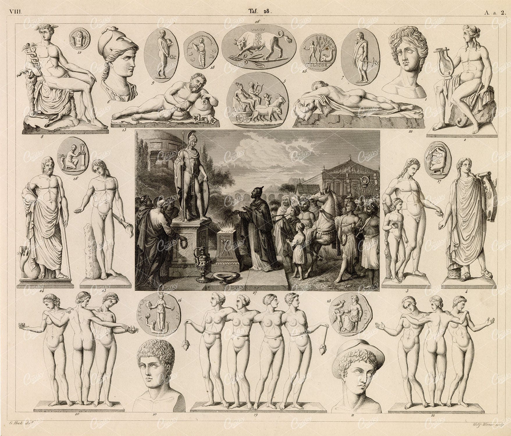 GODS and Godesses - Antique 1851 Print by Johann Heck