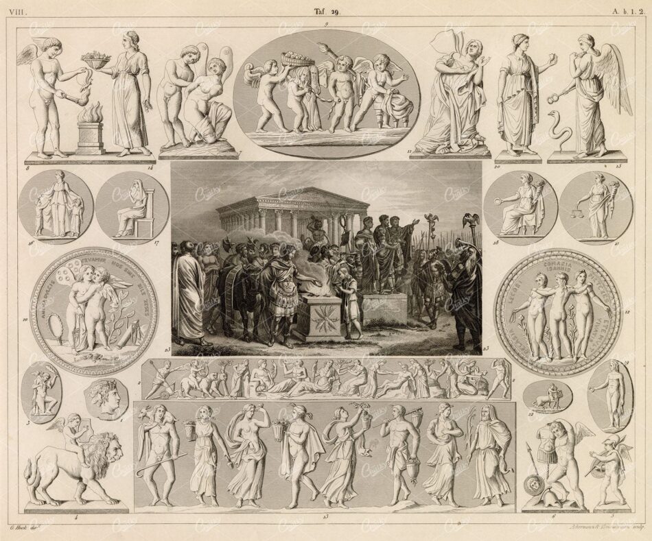 GODS and Godesses - Antique 1851 Original Engraving by Johann Heck