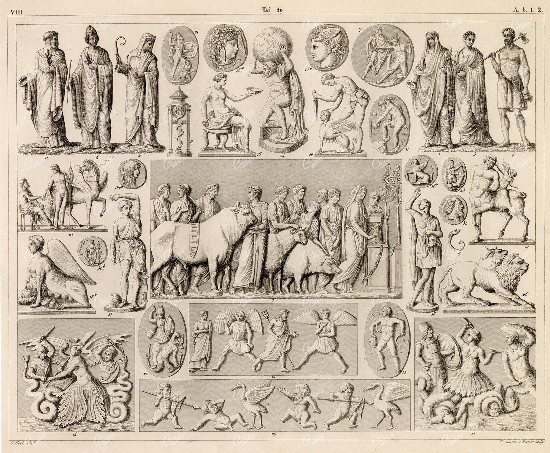 GODS and Godesses - Antique 1851 Original Engraving by Johann Heck