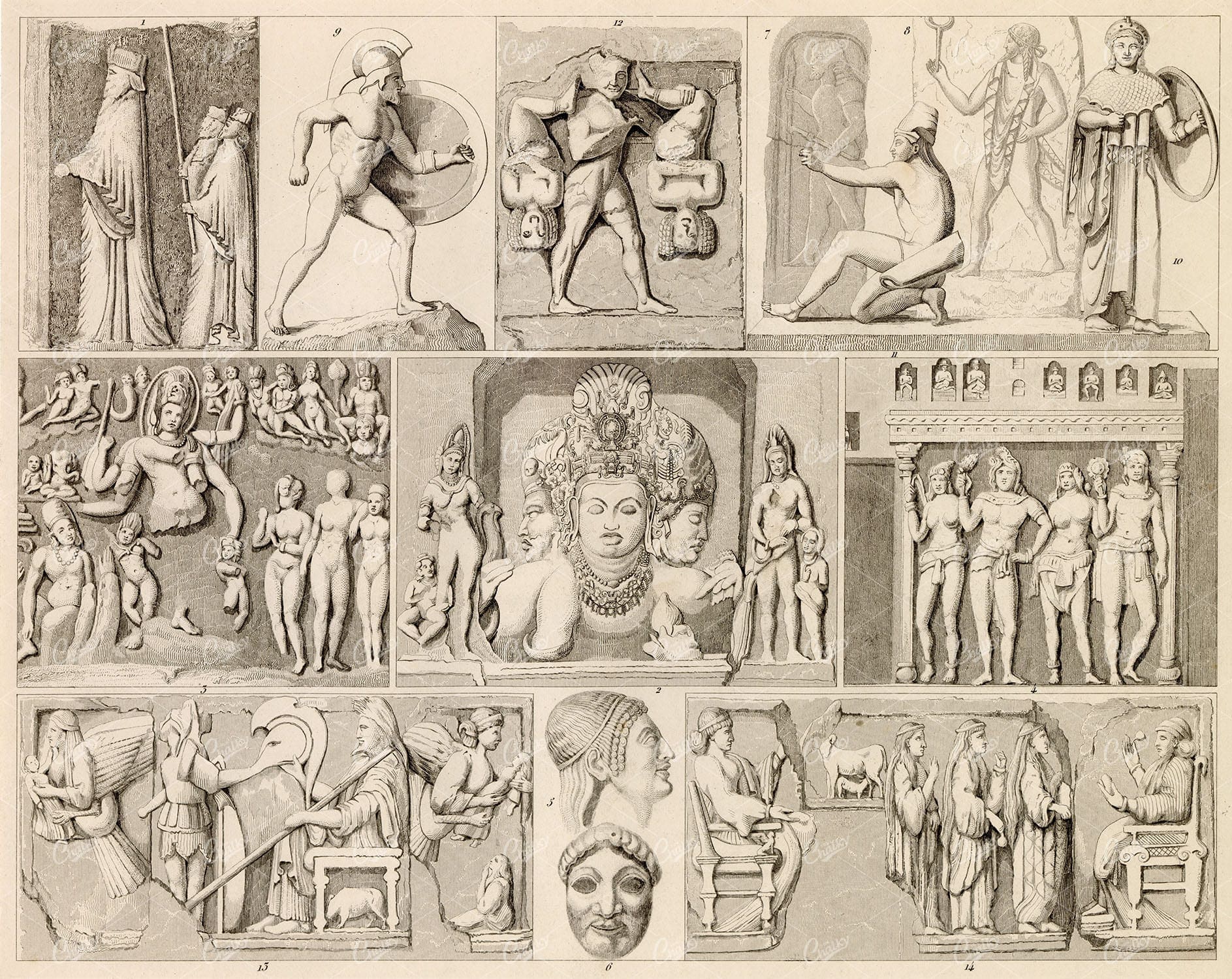 ANCIENT Sculptures and Bas-Reliefs - Antique 1851 Print by J. Heck