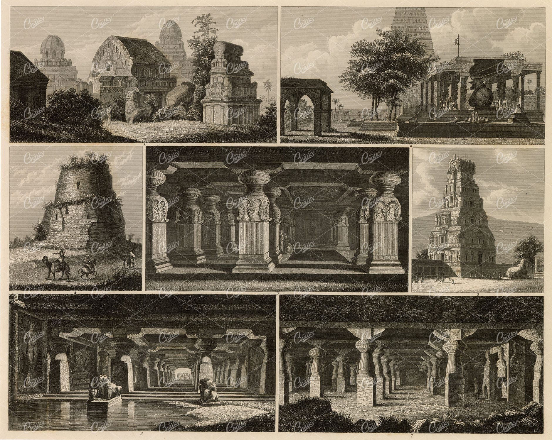 ANCIENT Ruins and Temples - Antique Architecture Print 1851