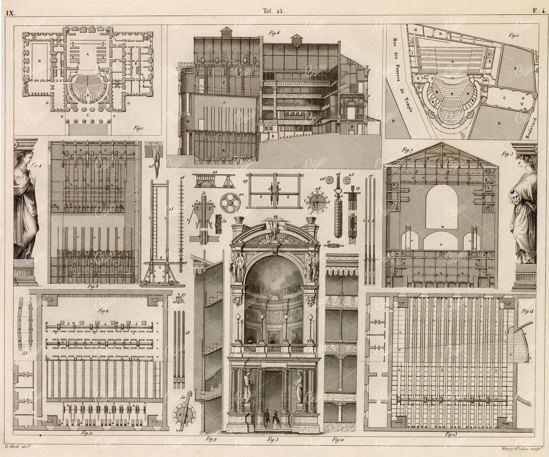 ANTIQUE 1851 Print - Architecture Plans and Blueprints - J. Heck Print