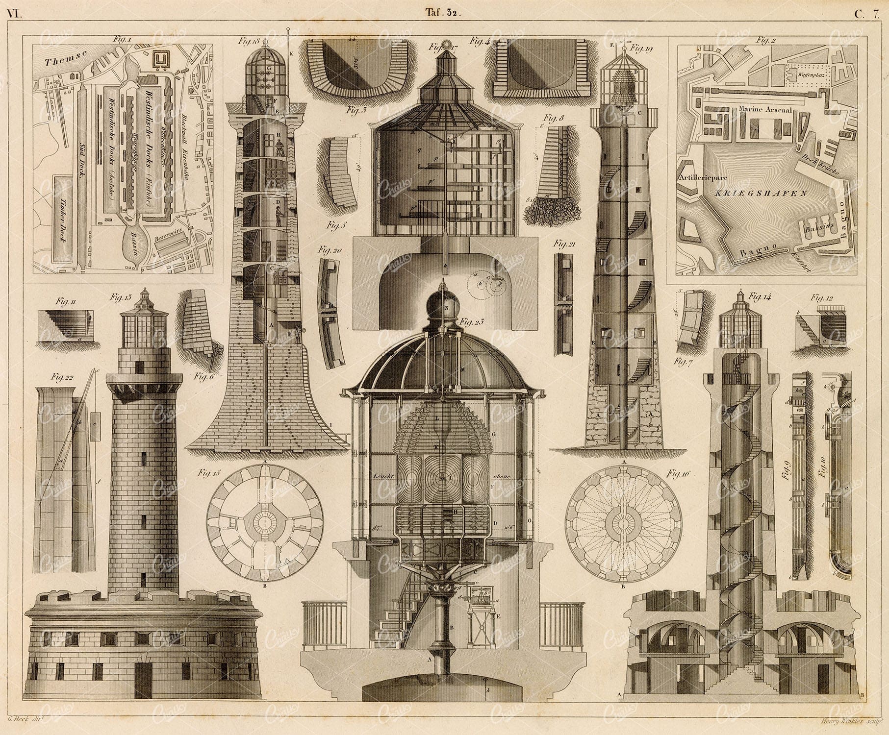 ARCHITECTURE - Antique Lighthouse Blueprints - 1851 Original Print