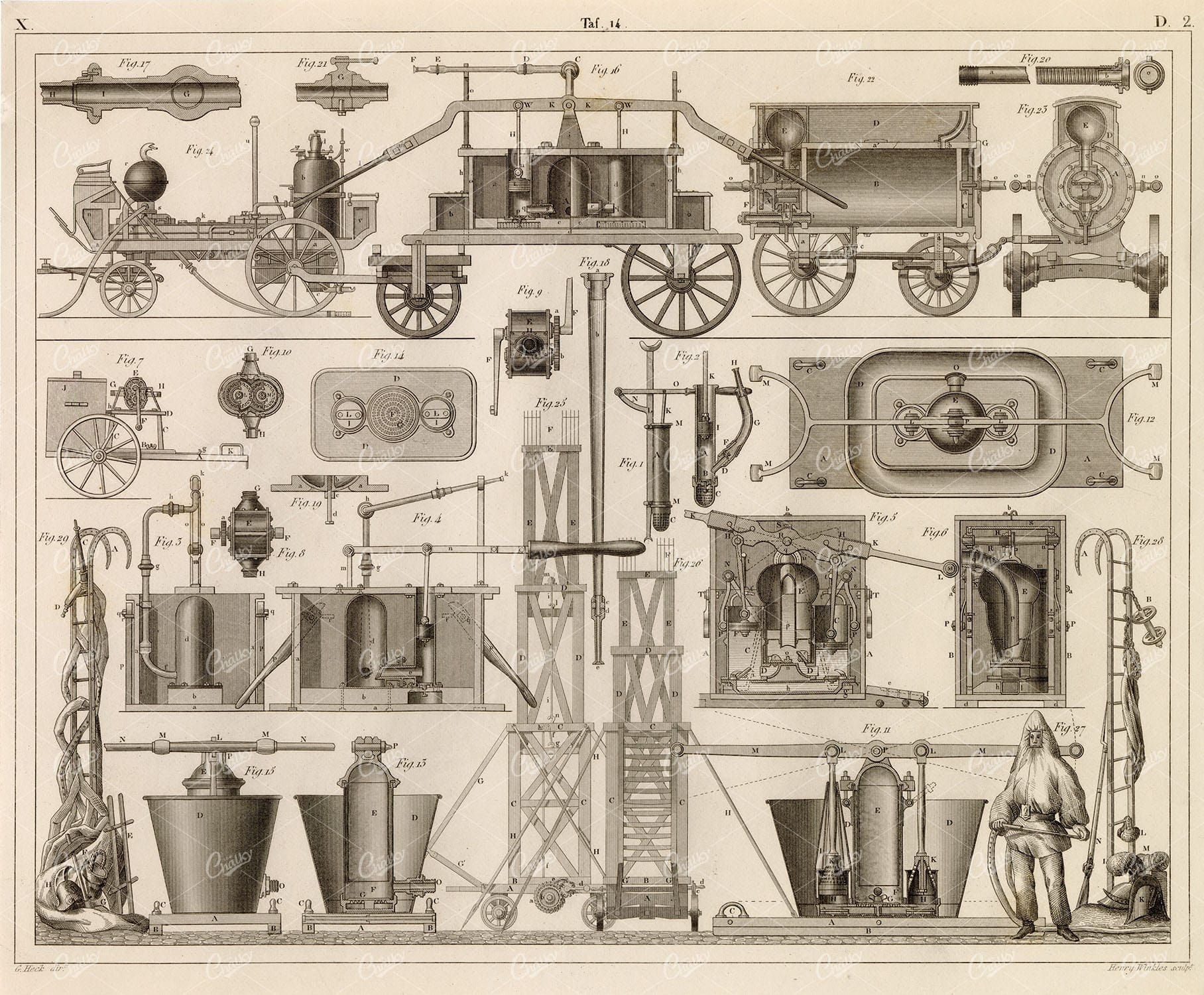 CONSTRUCTION and Blueprints of Old Fire Engines - Antique 1851 Print