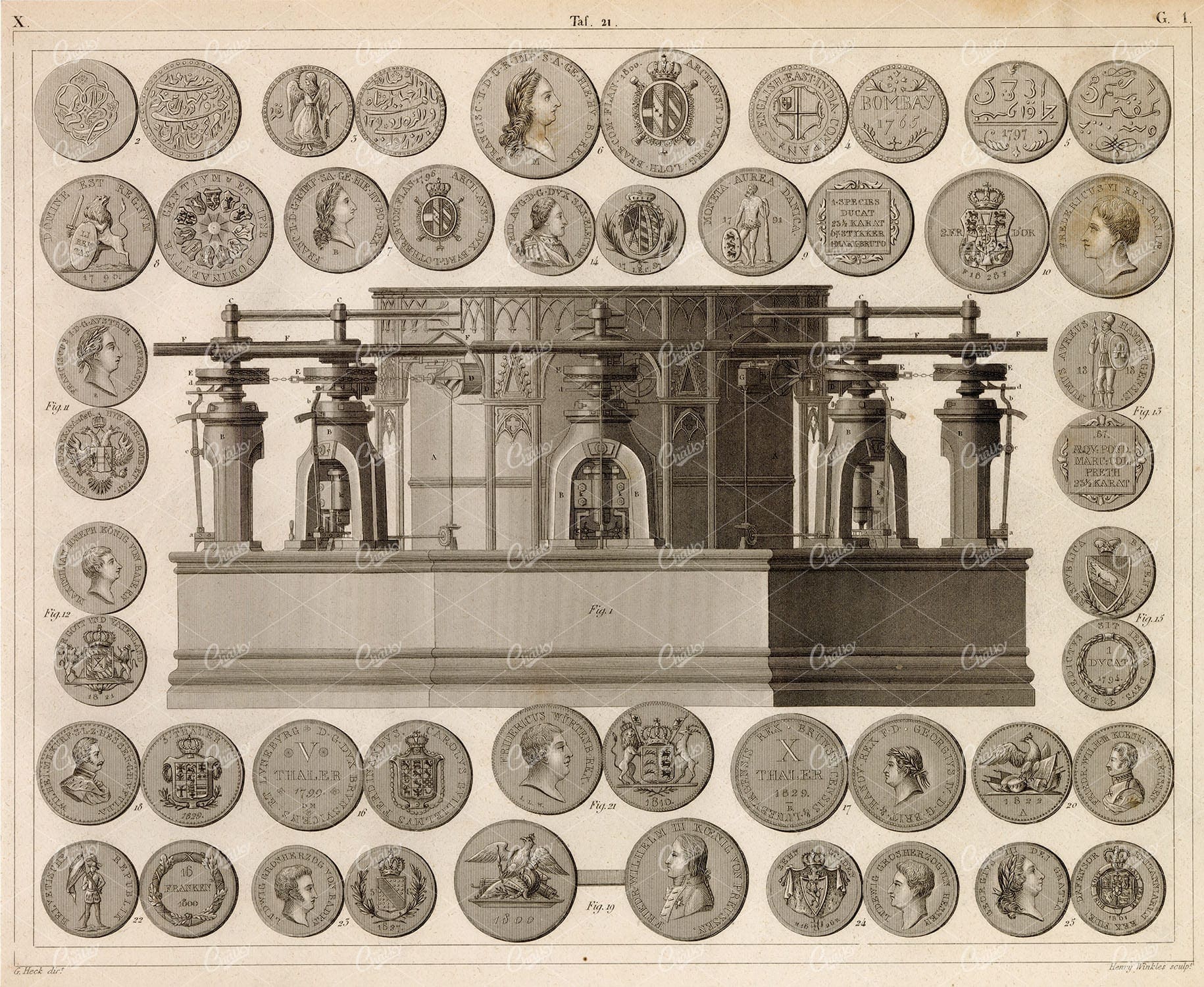 STAMPING Machine and Various Coins of Nations - 1851 Original Print