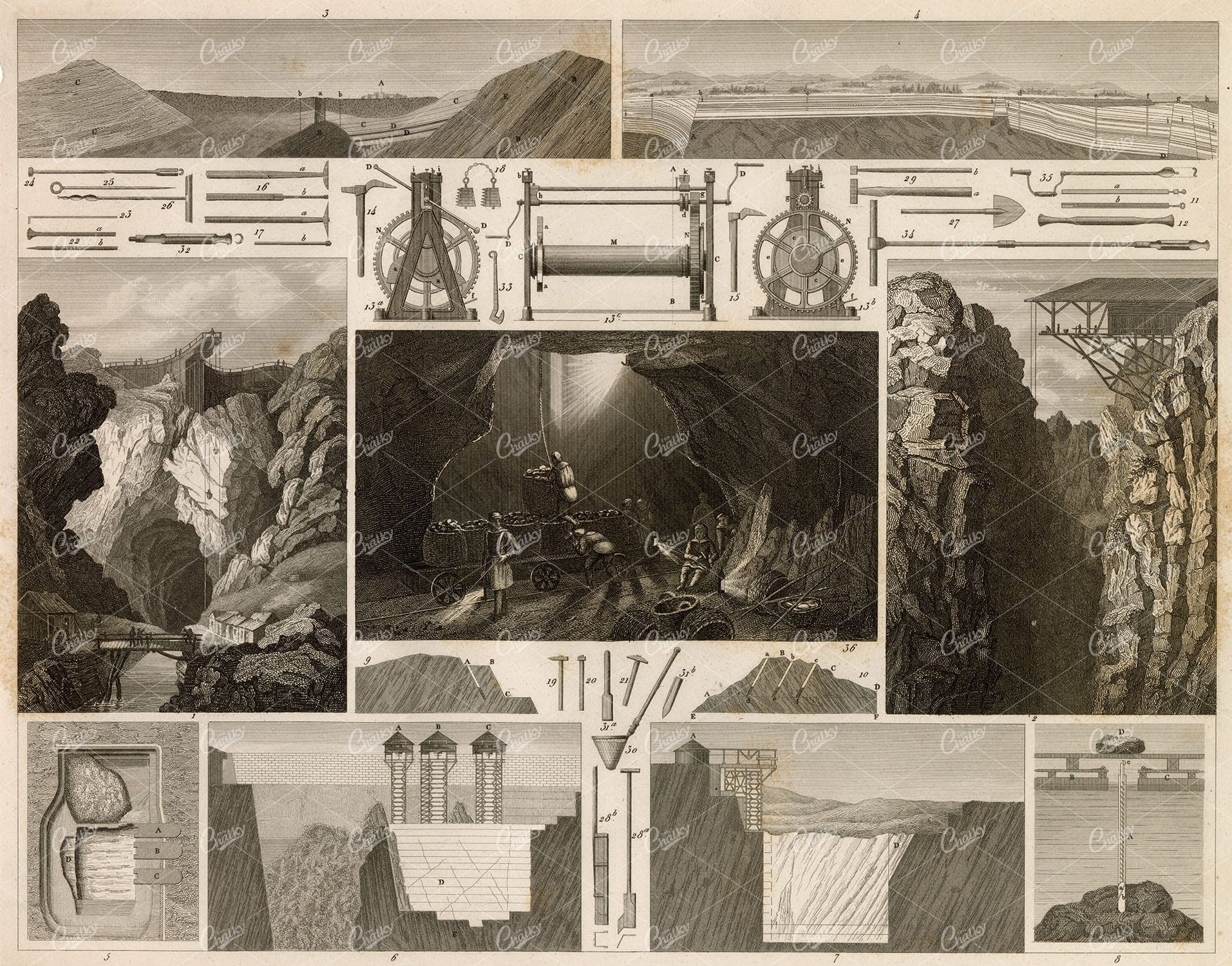 INTERIOR and Exterior View of Mines - Antique 1851 Original Print