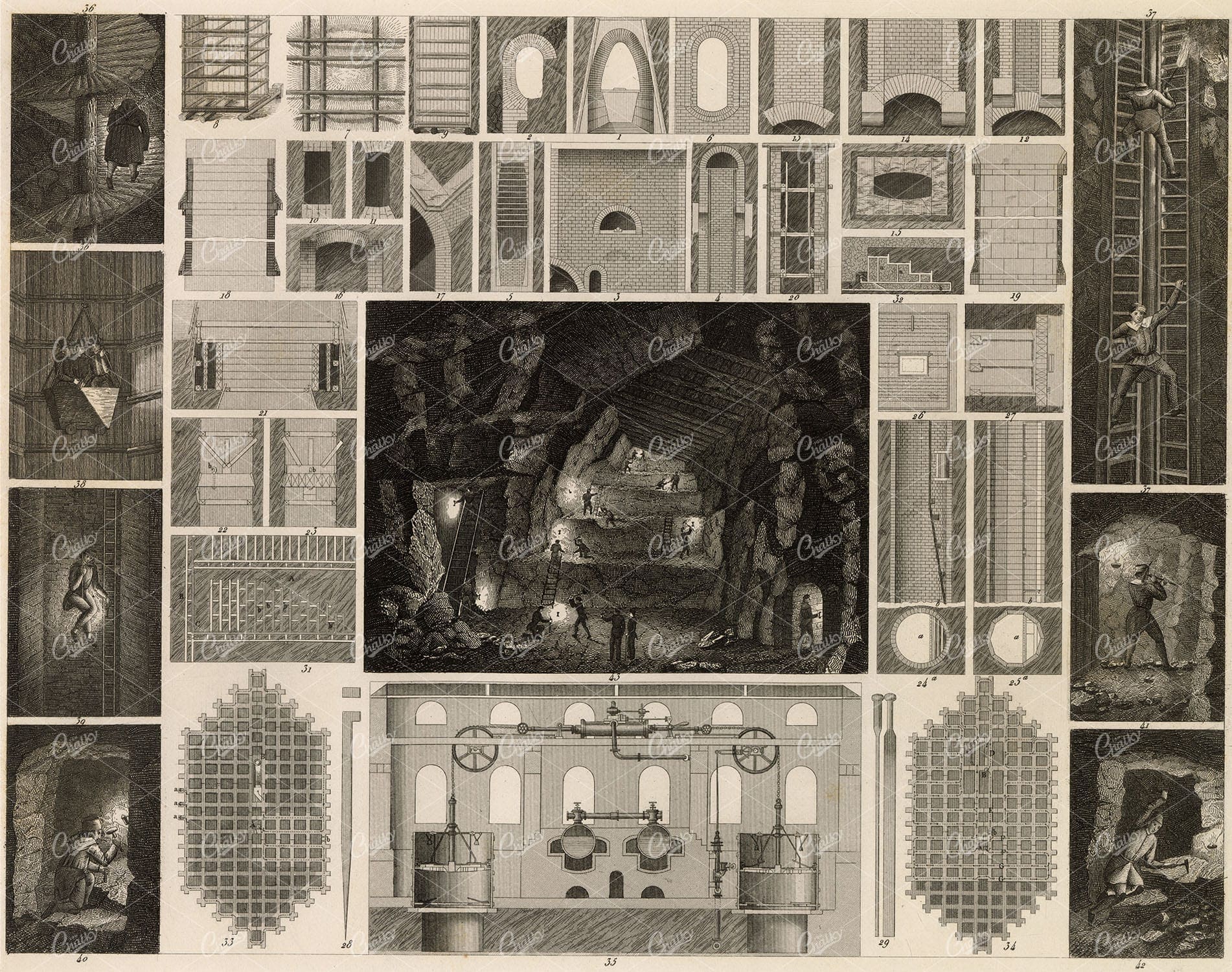 CONSTRUCTION of Mines - Antique Original 1851 Print by J. Heck