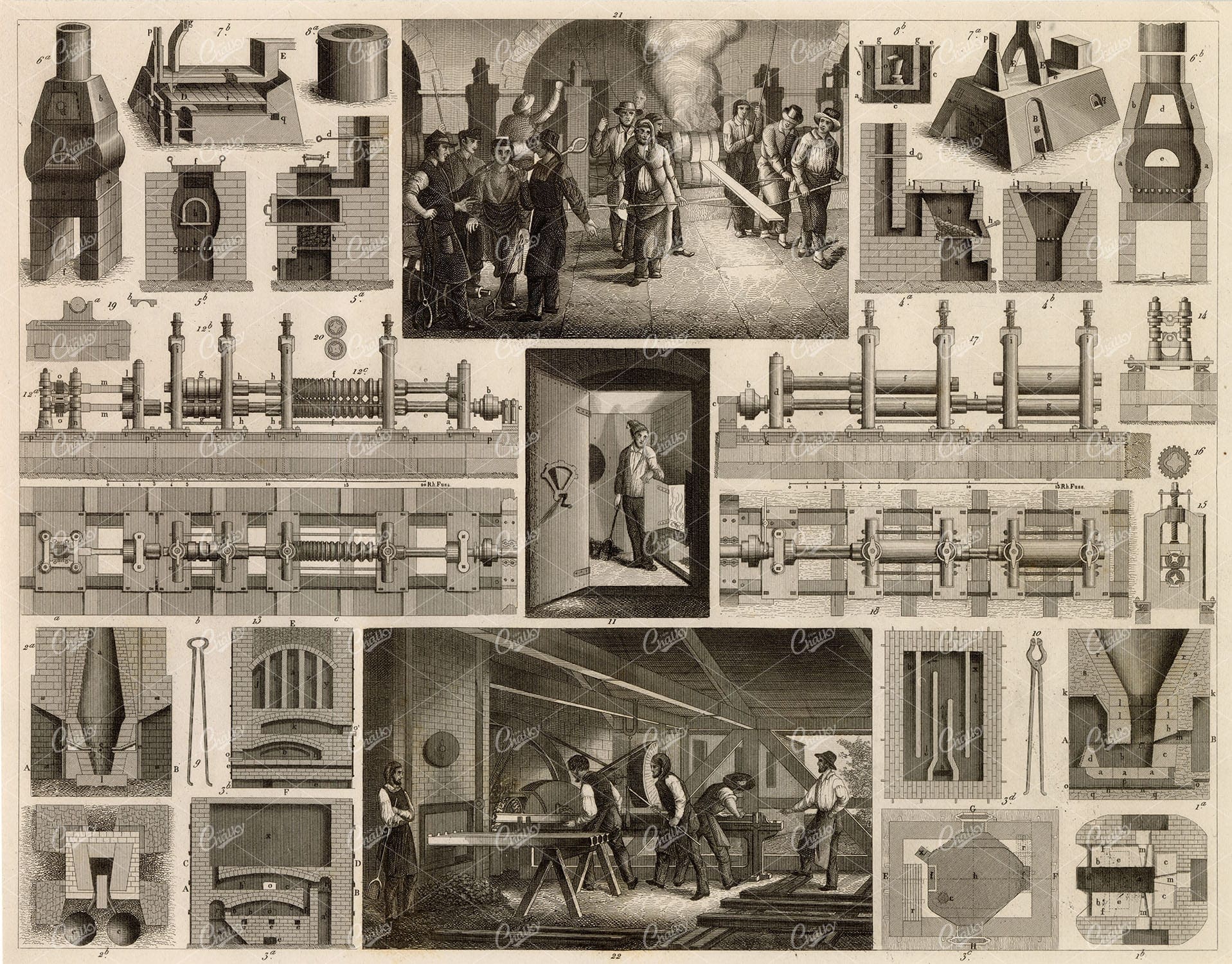 ANTIQUE Metal Works and Furnaces - 1851 Engraving by J. Heck