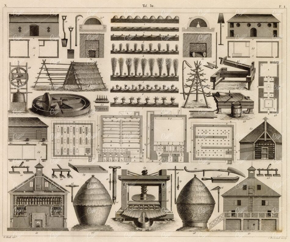 Agricultural Equipment And Farm Building Encyclopedia Plate - 19th Century Technical Diagrams