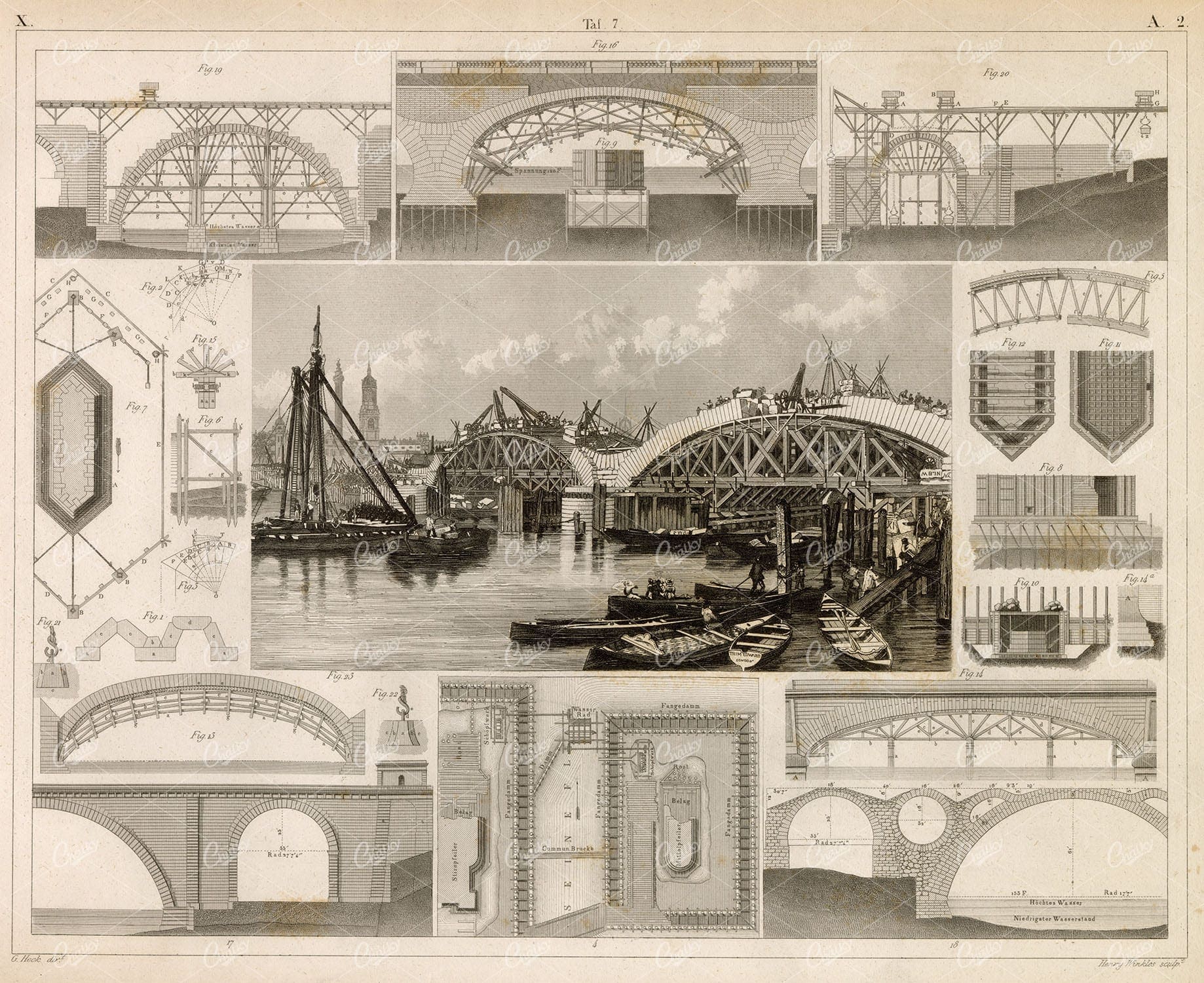 CONSTRUCTION of Stone Bridges - Antique 1851 Artwork by J. Heck