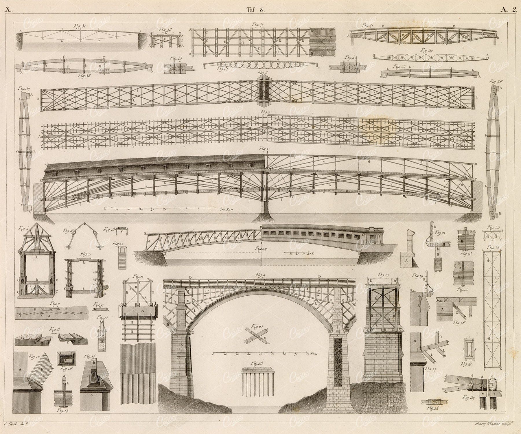 CONSTRUCTION of Wooden Bridges - Antique 1851 Artwork by J. Heck