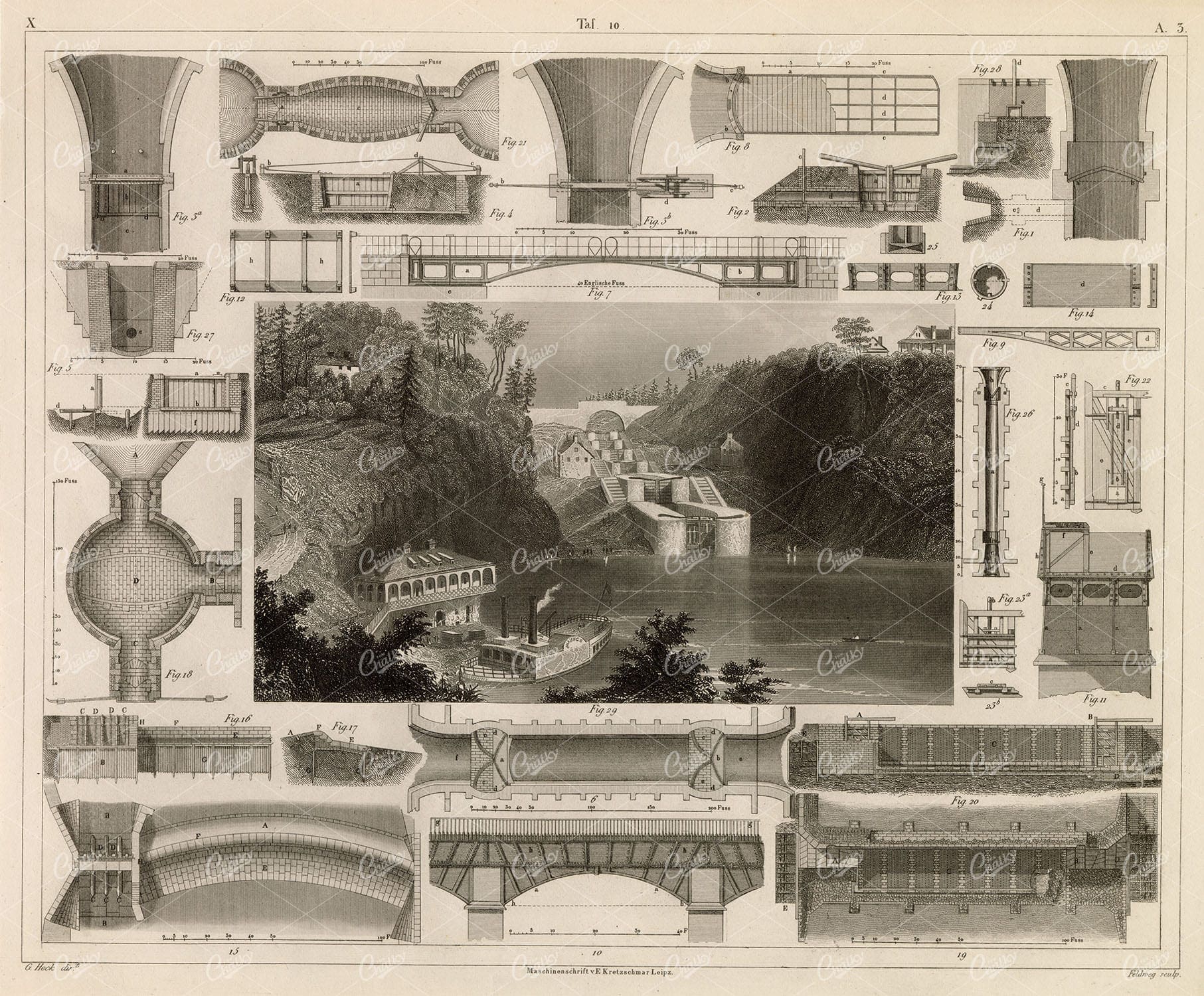 CONSTRUCTION of Canals and Dams - Antique 1851 Iconography Print