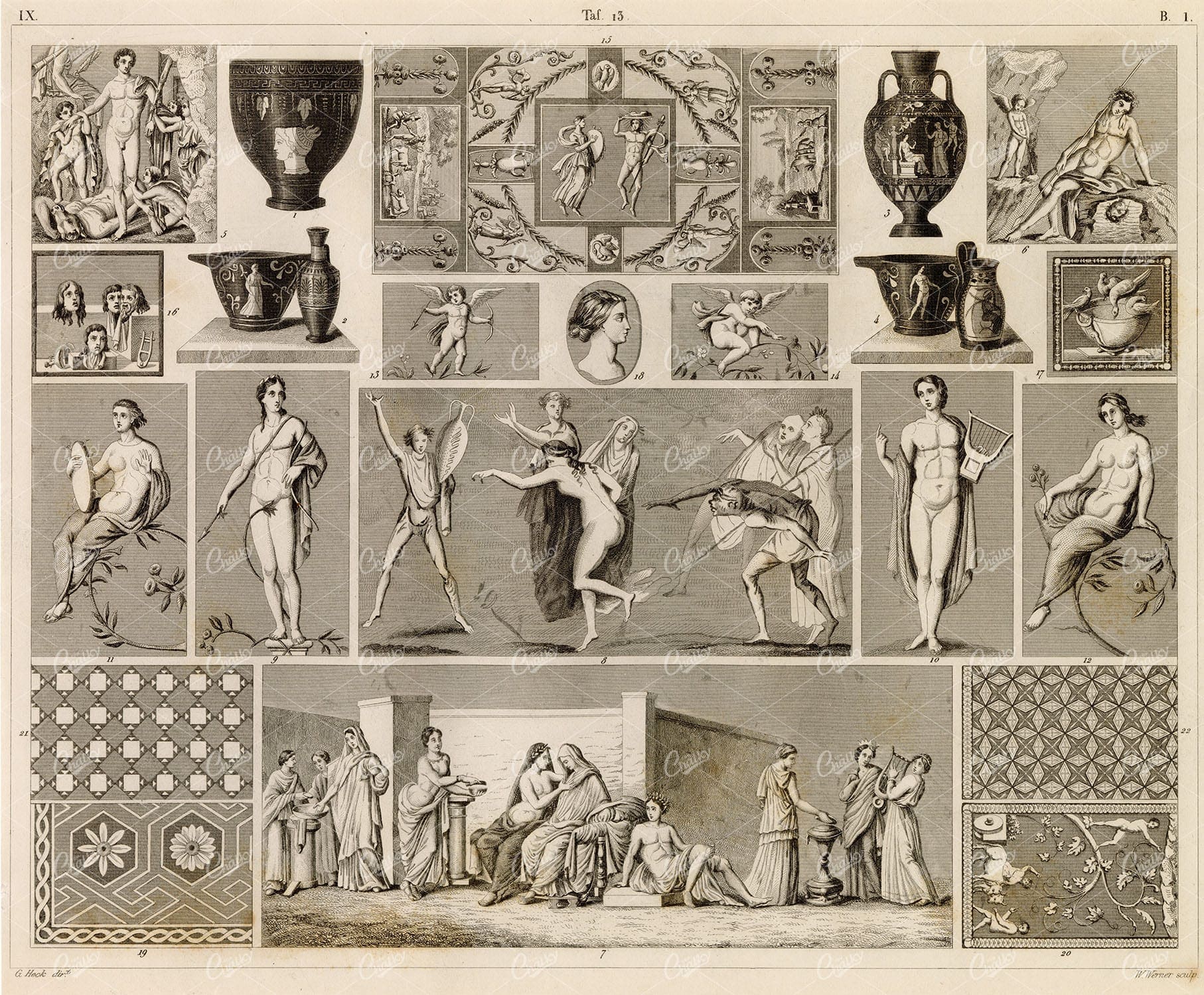 ANTIQUE Fine Art - Vase and Wall Paintings - 1851 Original J. Heck Print