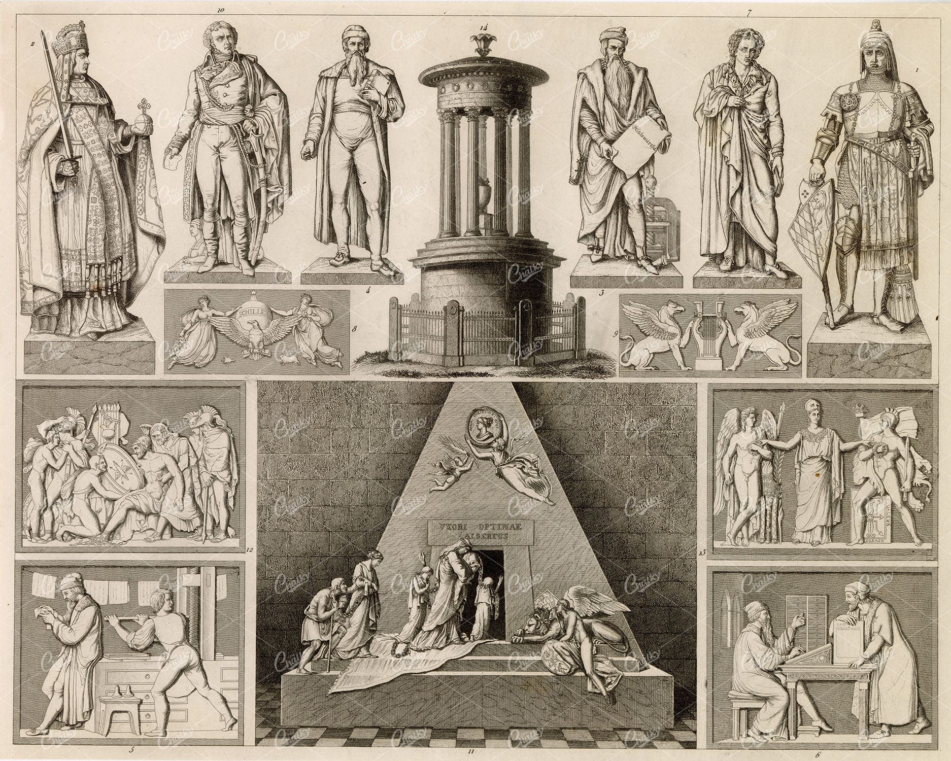 ANTIQUE Fine Art - Statues / Monuments / Sculpture - 1851 Original Print
