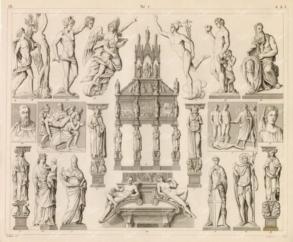 SHRINE of St. Peter, Apollo, Holy Virgin, Mercury, Moses - Antique Print