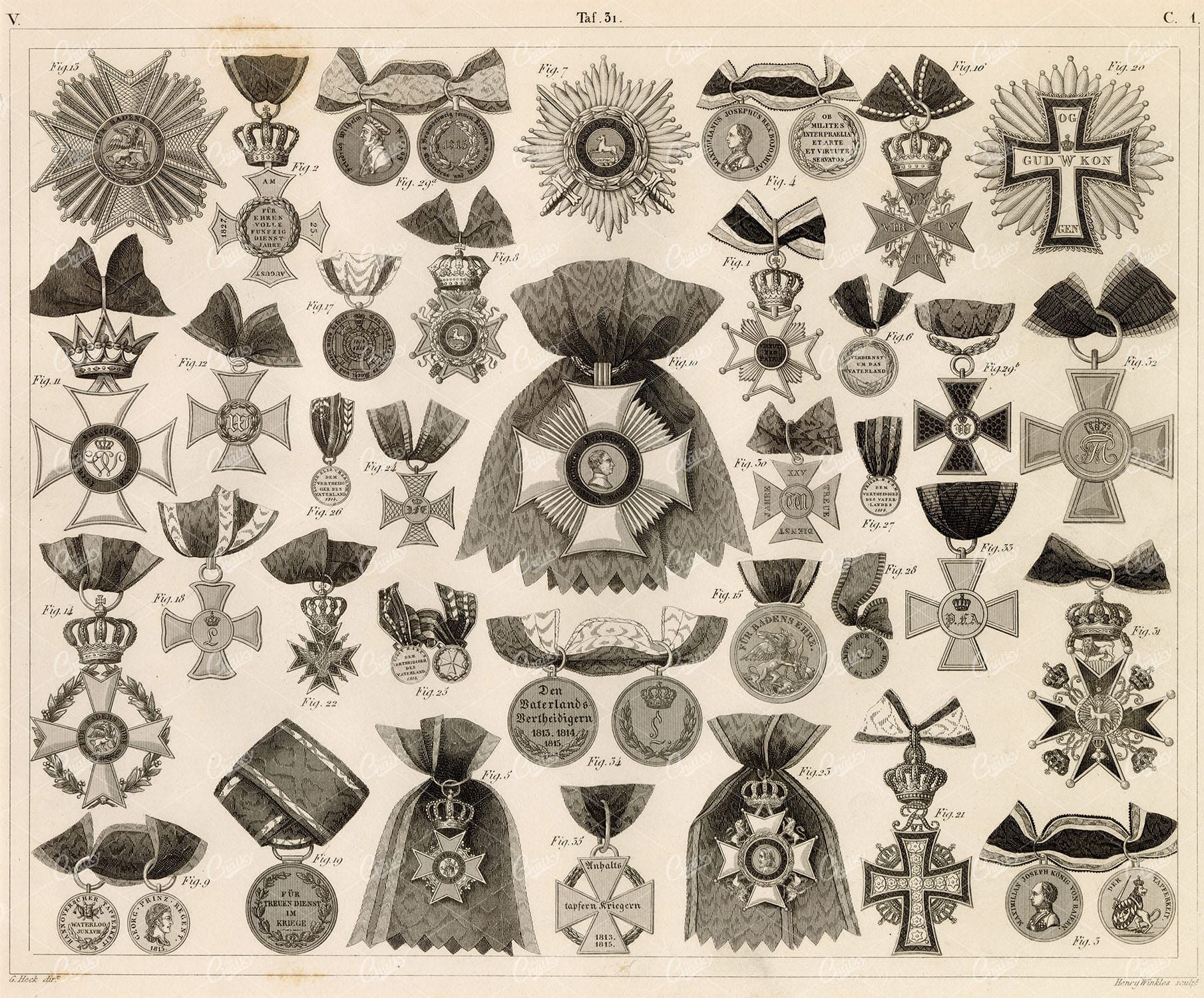 MILITARY Sciences - Various Orders - Original Johann Heck Antique Print