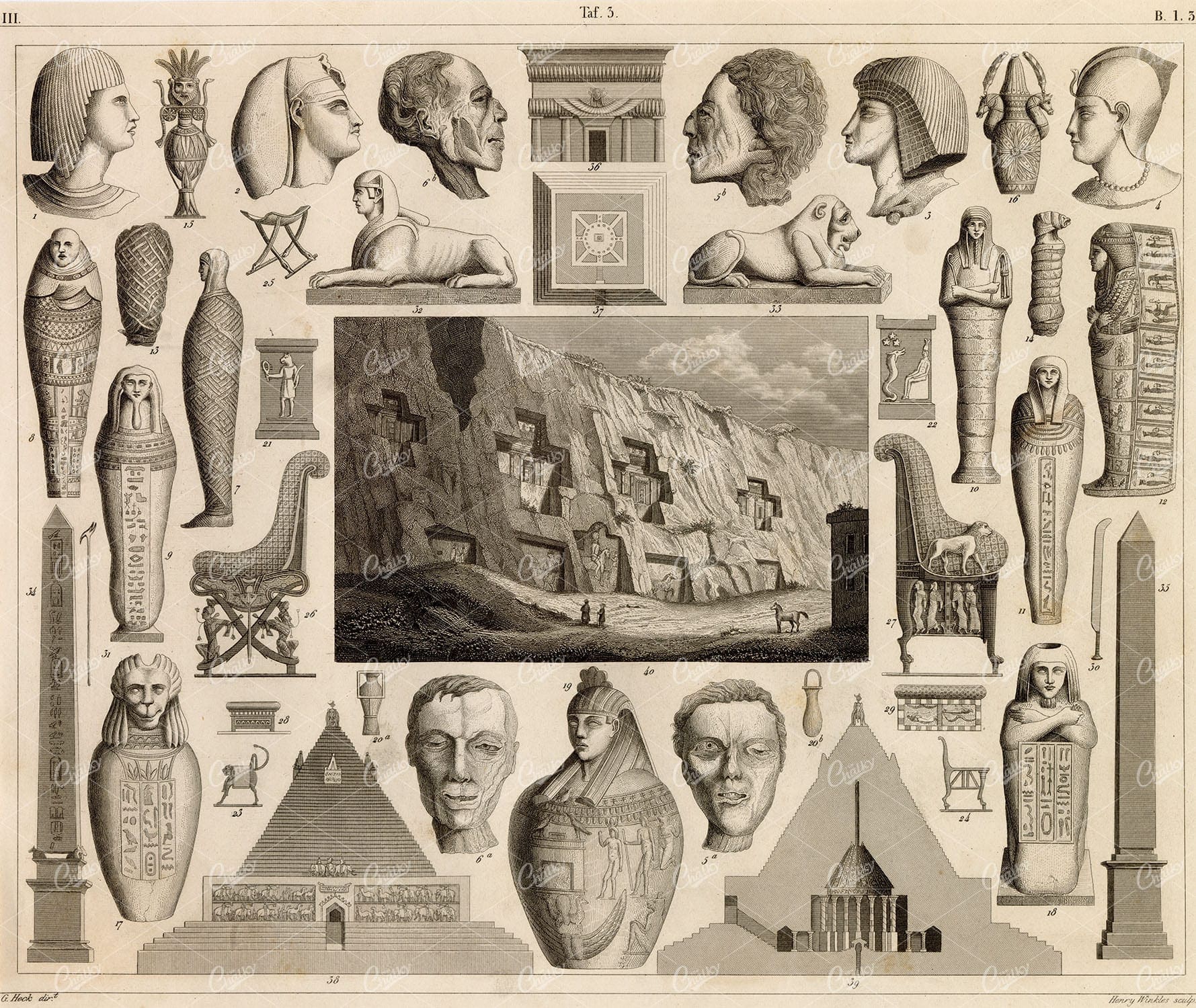 EGYPTIAN Mummies, Vases, Coffins and Furniture - Antique 1851 Print