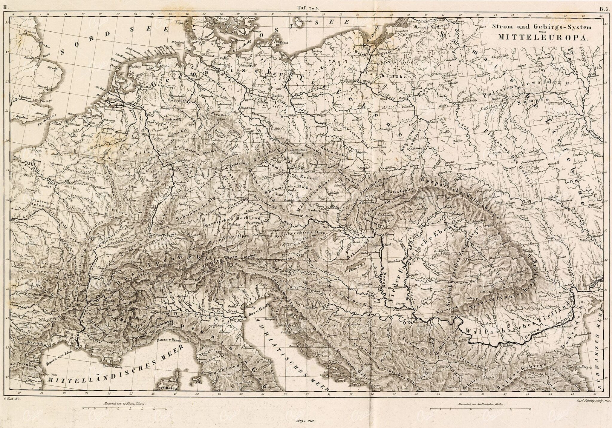 MOUNTAIN and River System of Central Europe - Antique Foldout Map