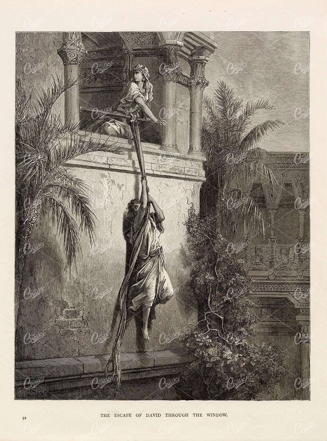 ANTIQUE PRINT - The Escape of David Through the Window - G. DORE 1891