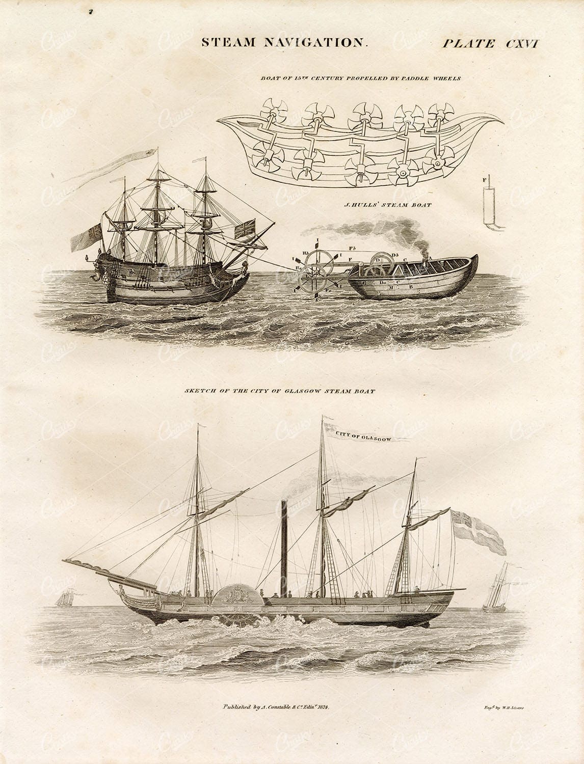 STEAM Navigation on the Sea - Antique 1822 Original Engraving Print
