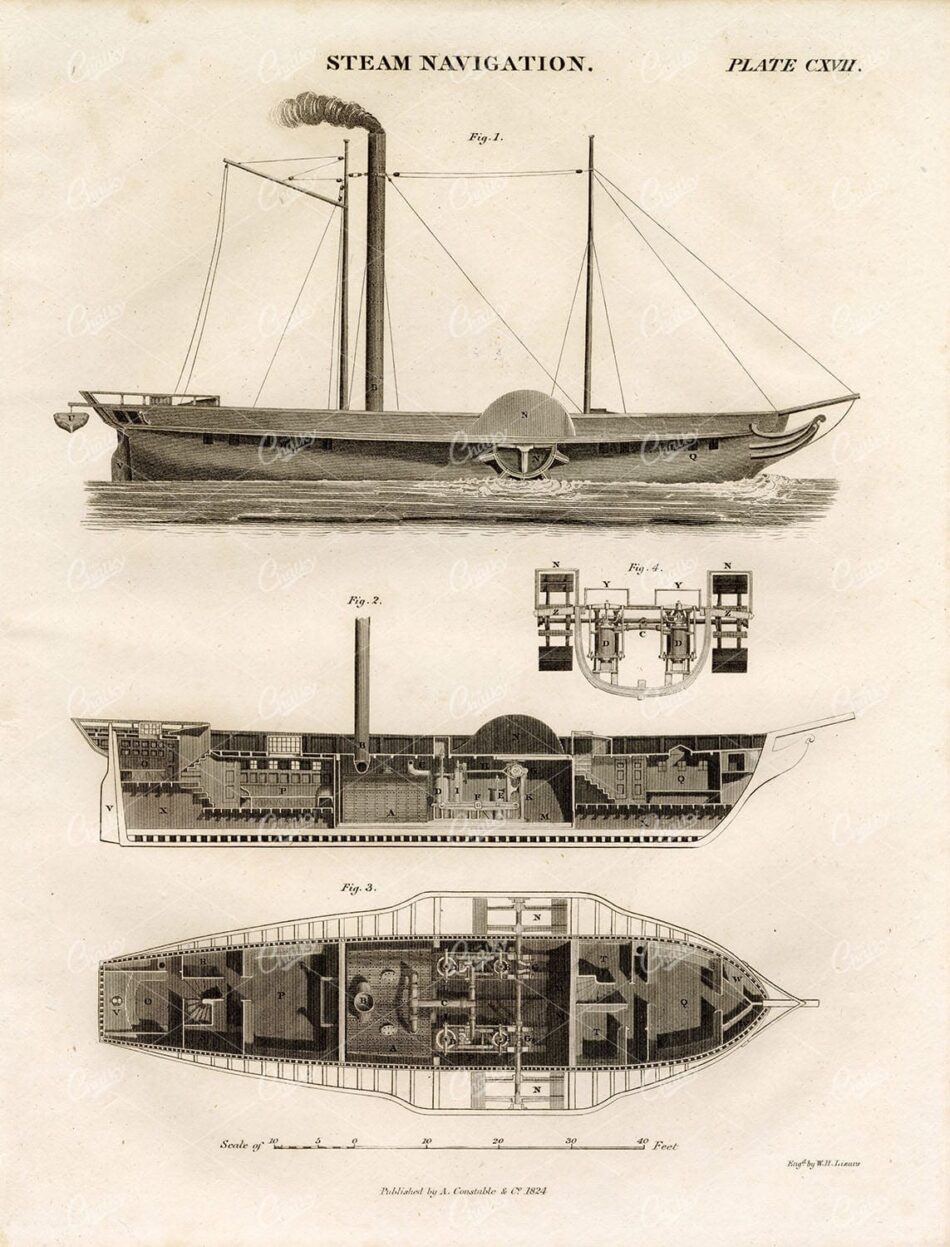 STEAM Powered Ships - Antique 1822 Original Engraving Print