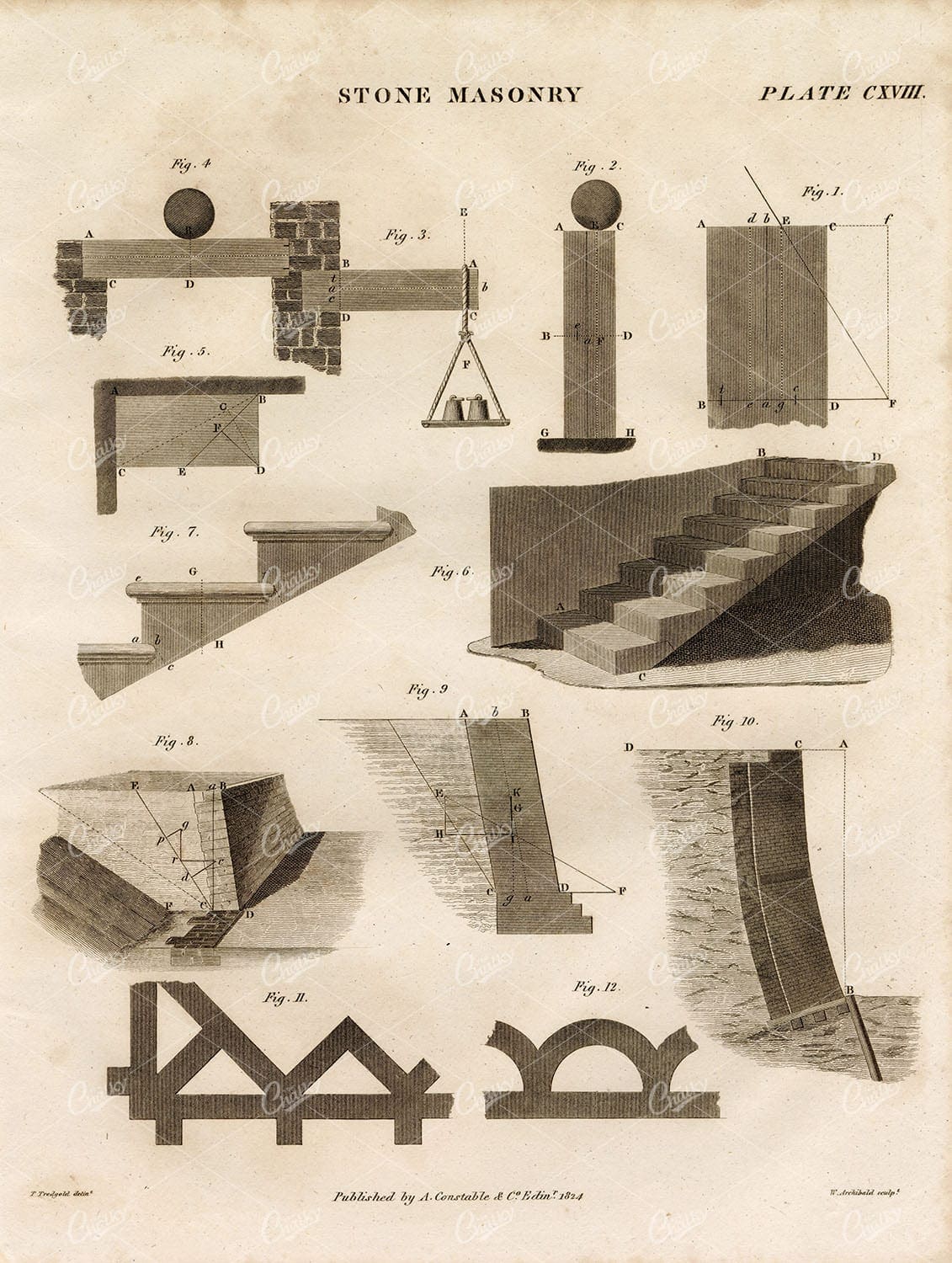 STONE Masonry - Antique 1822 Original 1822 Encyclopedia Print