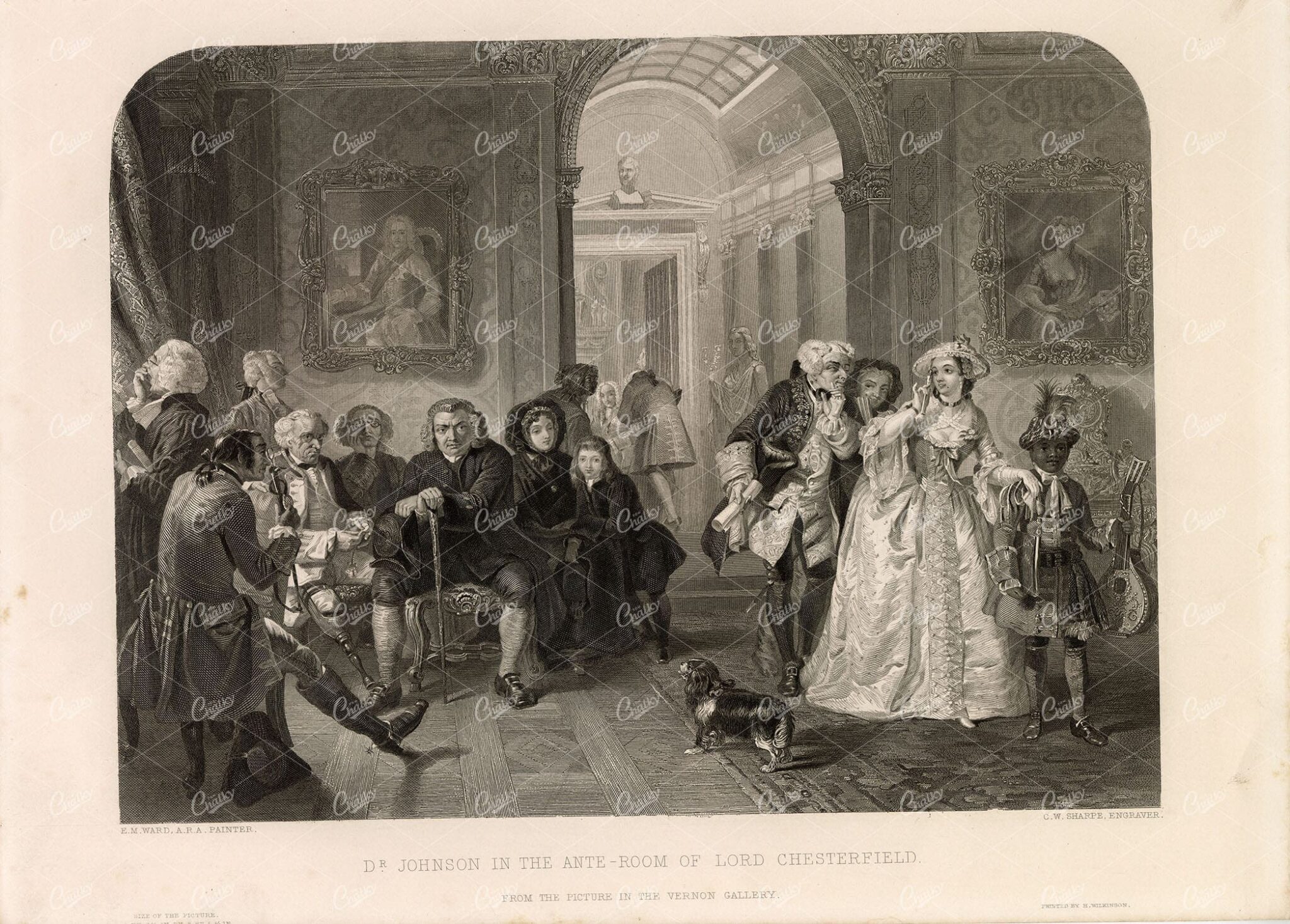 E.WARD 1853 Engraving - Dr.Johnson in the Anteroom of Lord Chesterfield