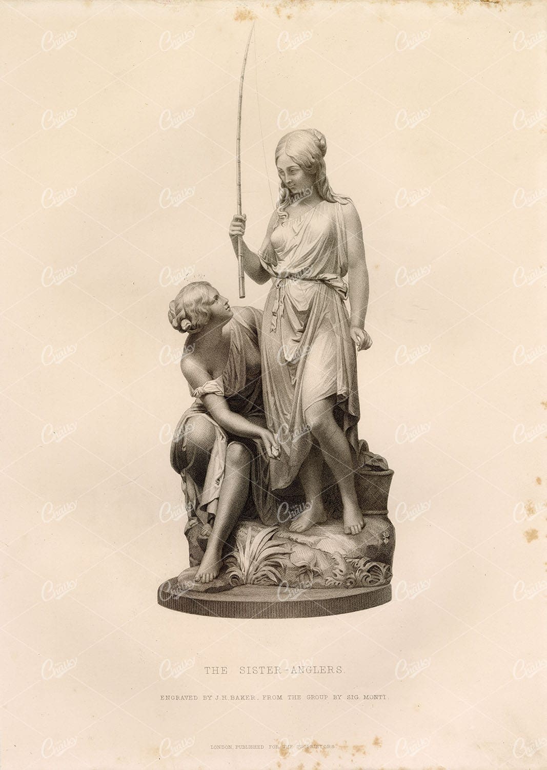 SISTER-Anglers by J.H Baker, From the Group by Sig. Monti 1853 Print
