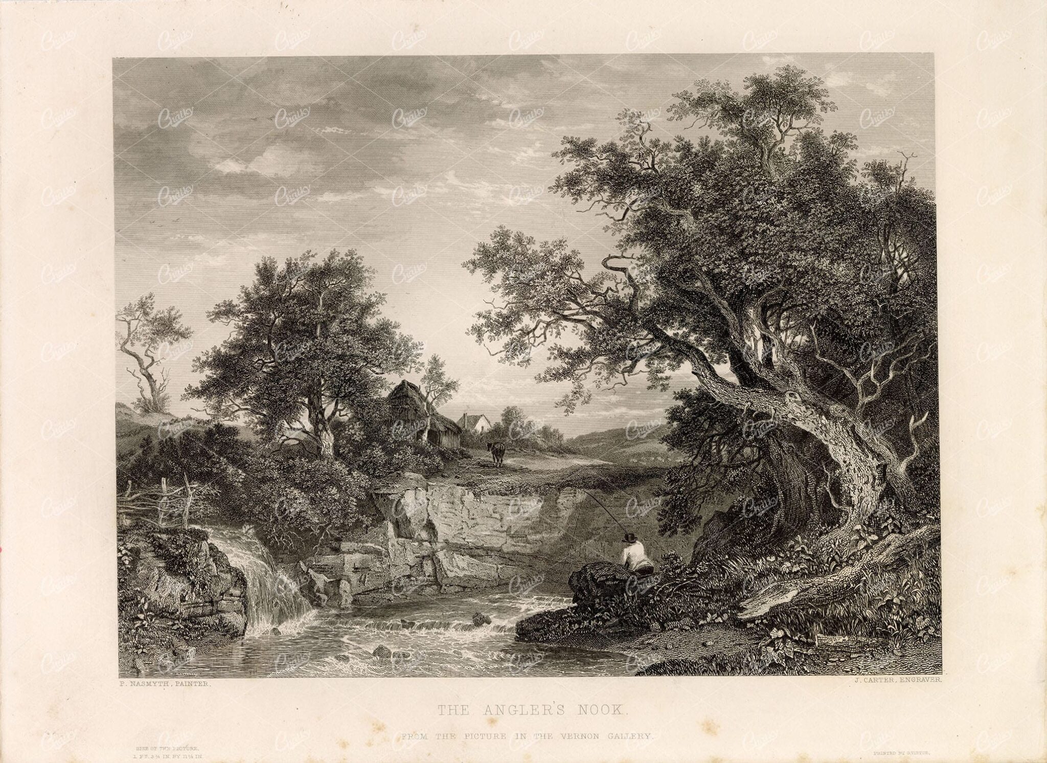 1853 The Angler's Nook P. Nasmyth, Painter. Antique Original Print