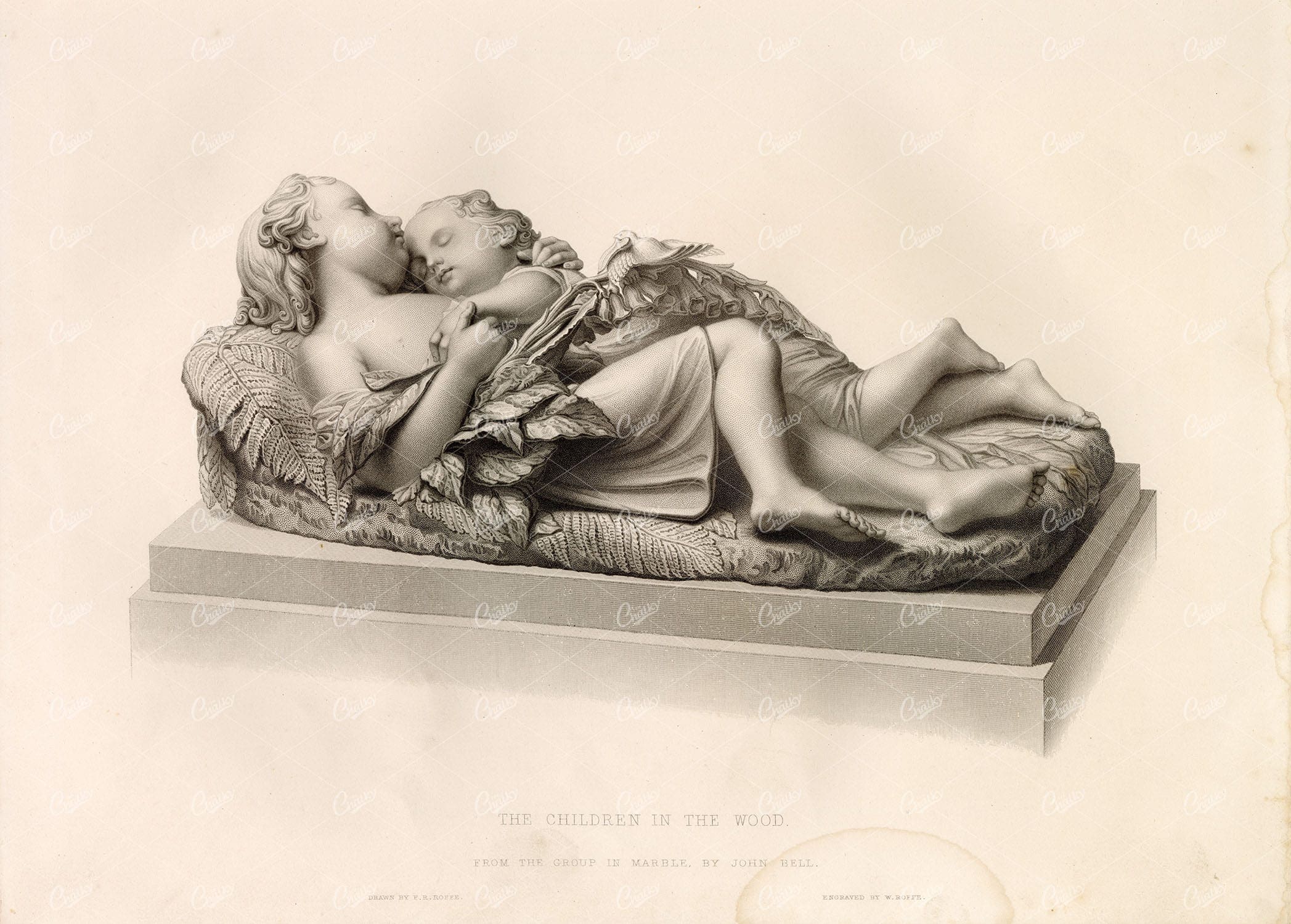 1853 The Children in the Wood - Marble Statue Engraving