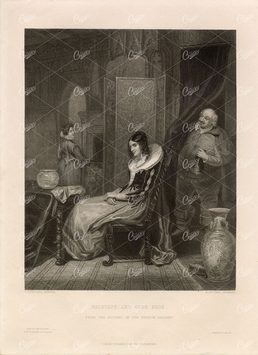 FALSTAFF and Anne Page Engraving of Painting from Vernon Gallery - 1853