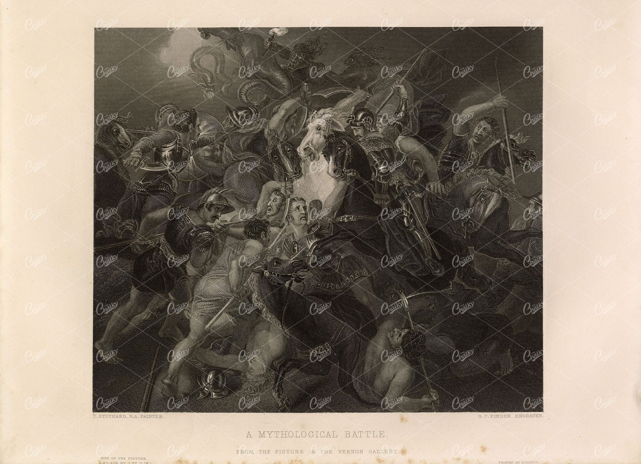 ANTIQUE 1853 Engraving - Mythological Battle from Vernon Gallery Art