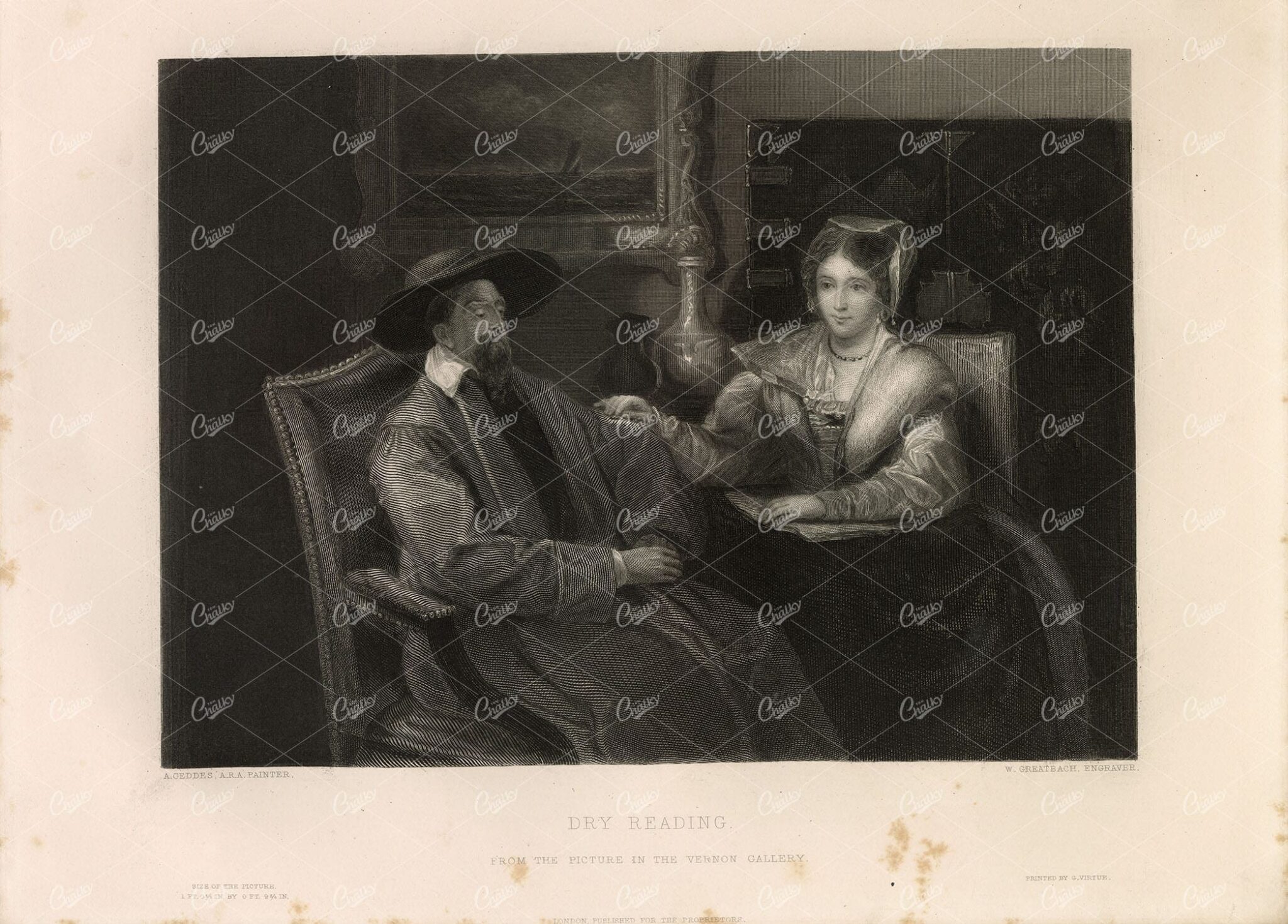 ANTIQUE 1853 Engraving - Dry Reading from the Vernon Gallery Picture