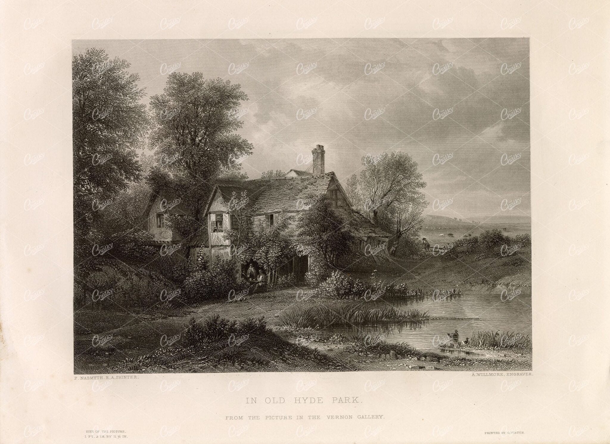 ANTIQUE 1853 Engraving - Cottage in the Woods