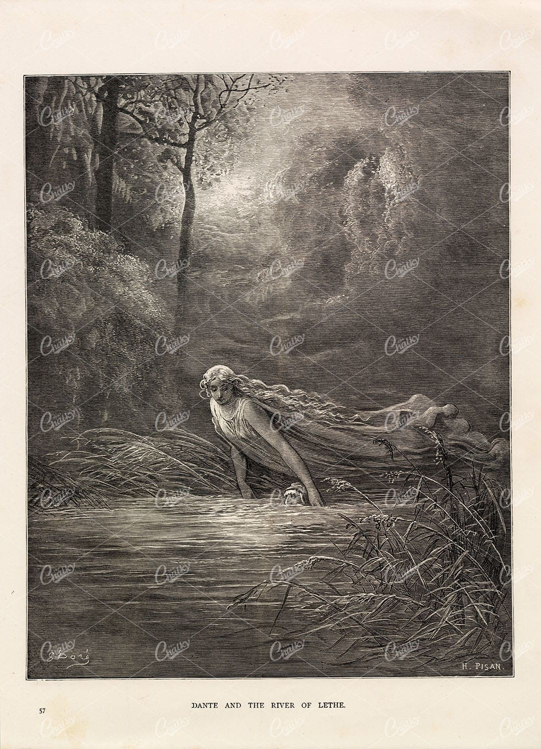 1891 Lithograph Print - Dante and the River of Lethe - Gustave Dore