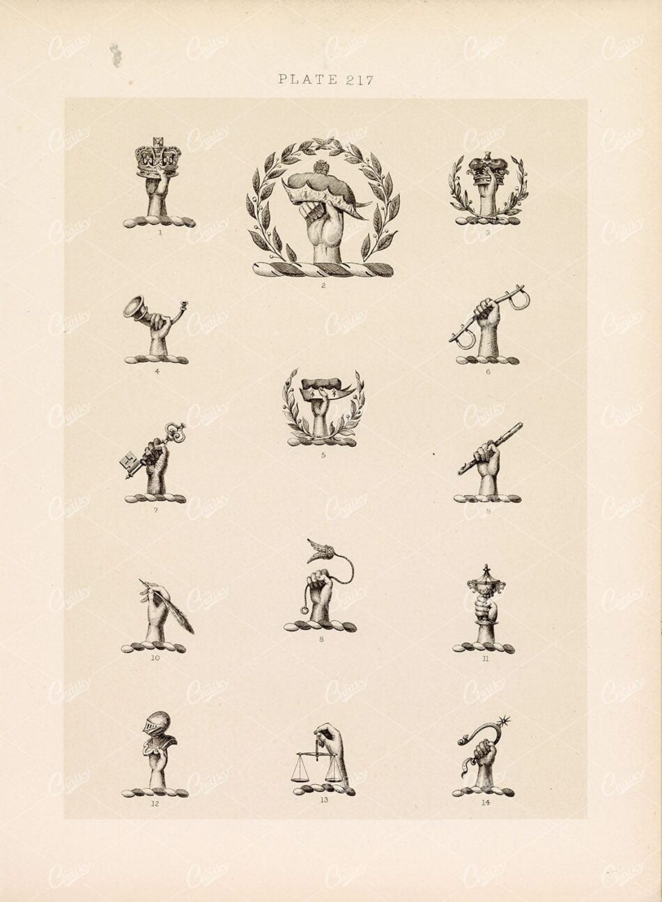 HERALDRY Antique Print - Plate Heraldry Crests c1900s Crown Hands