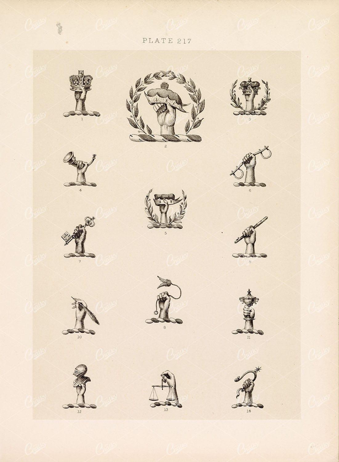 HERALDRY Antique Print - Plate Heraldry Crests c1900s Crown Hands