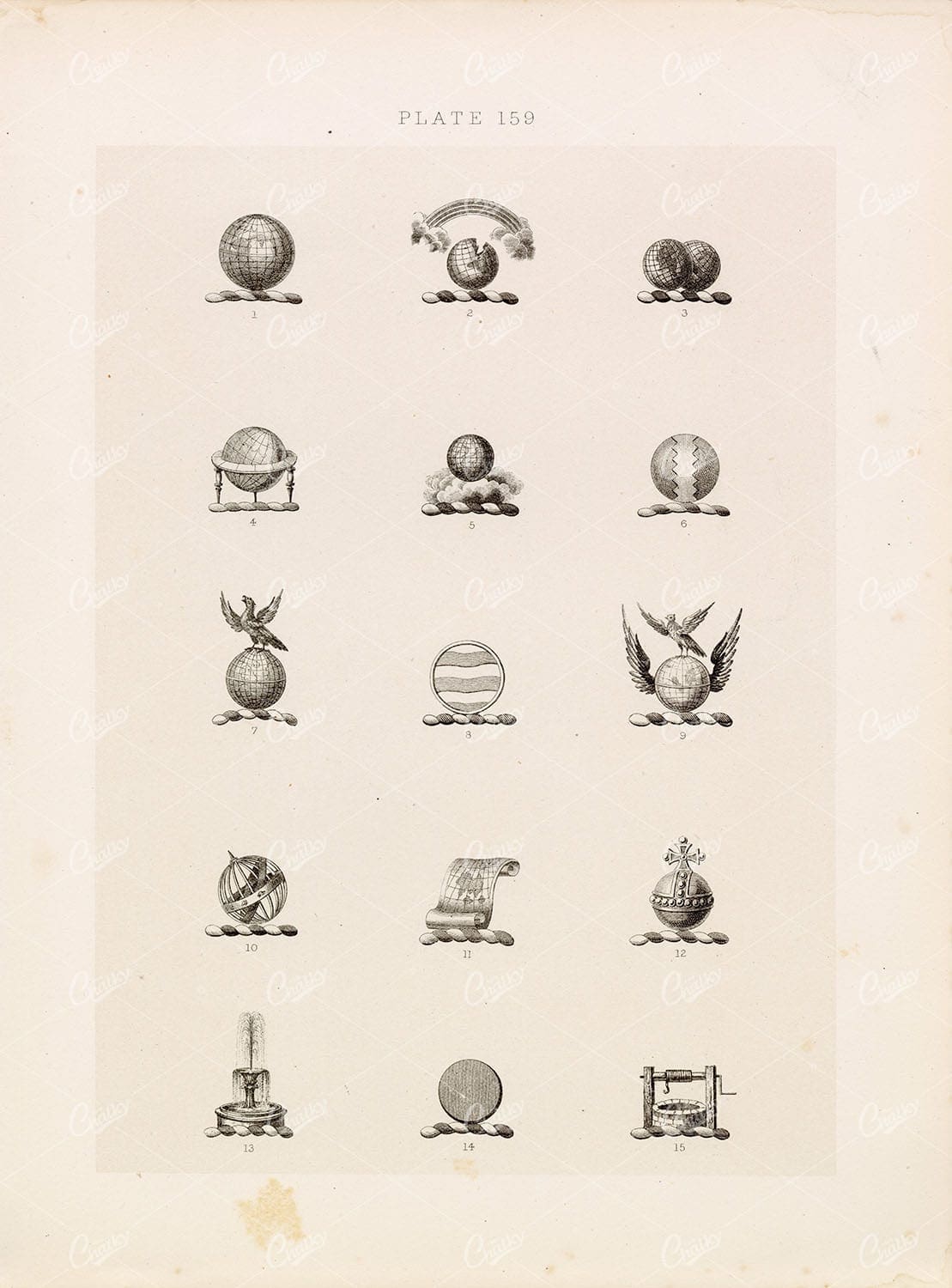 ORIGINAL Old Antique Print - Plate Heraldry Crests c1900s Globes Birds