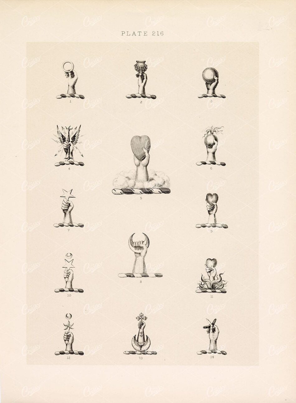 ANTIQUE Original Old Print - Plate Heraldry Crests c1900s Hands Shell Ring