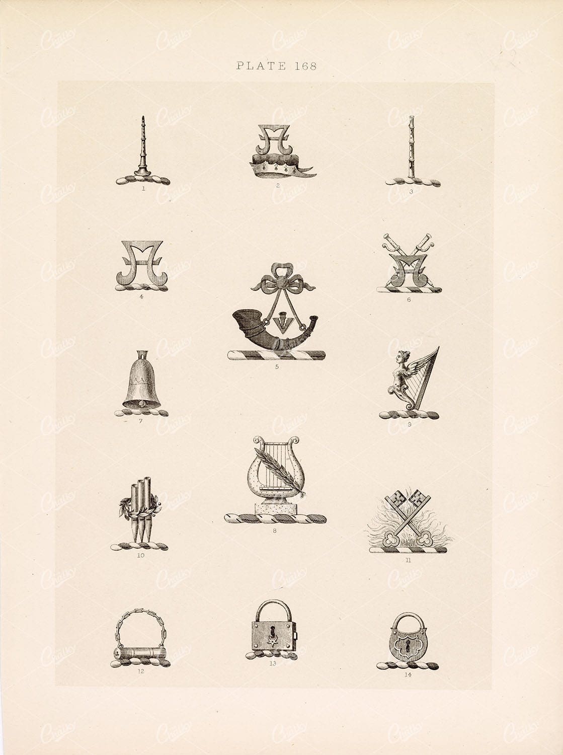 HERALDRY Antique Print- Plate Heraldry Crests c1900s Music Bells Harp