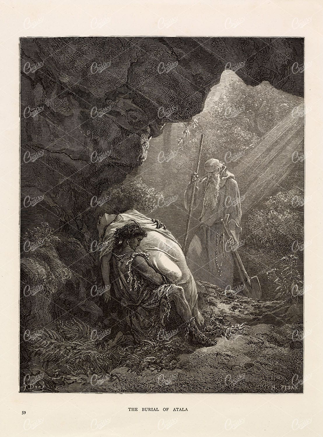 ANTIQUE Print - The Burial of Atala - Gustave Dore - Lithograph 1891