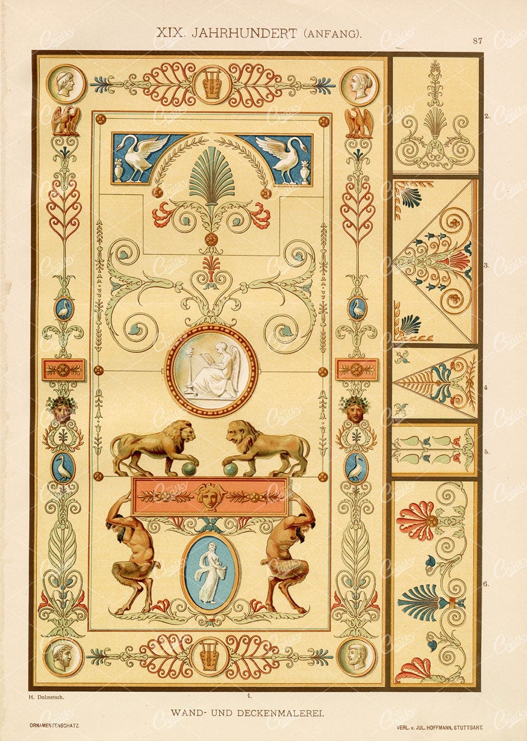 19TH CENTURY Wall and Ceiling Painting Decorative Designs - Antique Print