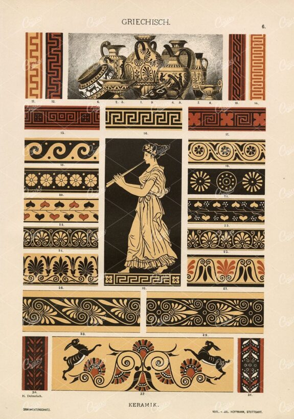 GREEK Ceramic Decorative Designs - Ornamentenschatz 1887 Antique Print