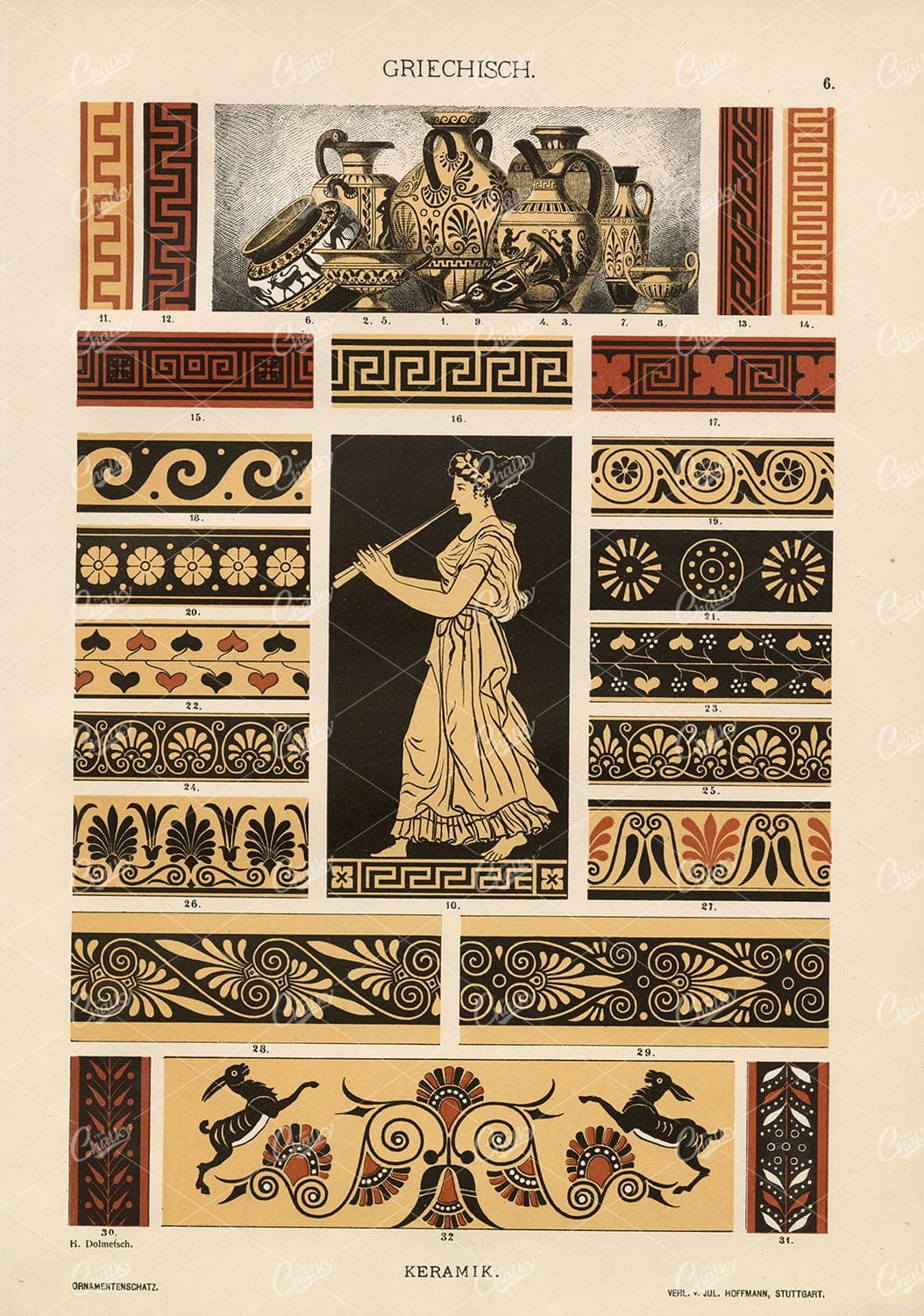 GREEK Ceramic Decorative Designs - Ornamentenschatz 1887 Antique Print