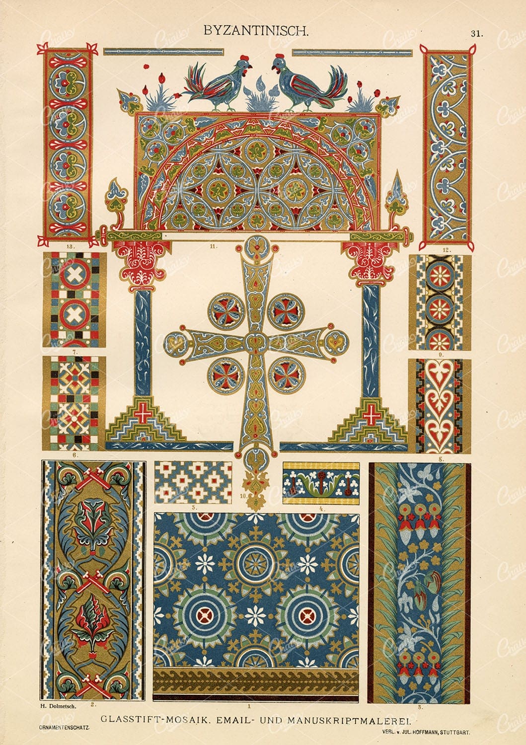 BYZANTINE Glass Mosaic and Manuscript Painting - 1887 Antique Print