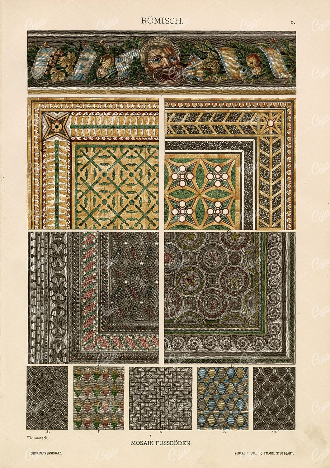 ROMAN Decorative Mosaic Floor Designs - 1887 Original Antique Print
