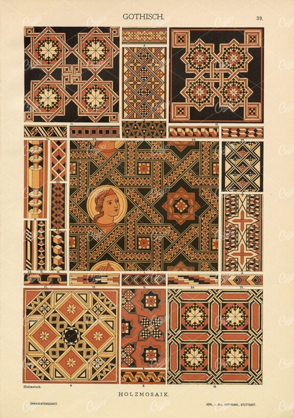 GOTHIC Wooden Mosaic Decorative Ornamental Designs - 1887 Antique Art