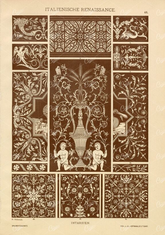 ITALIAN Renaissance Marquetry Decorative Art Print 1887 Antique Plate